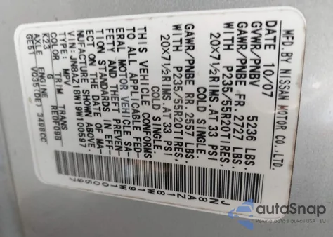 2009 Nissan Murano Le z USA, uszkodzony, nr VIN JN8AZ18W19W100597